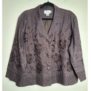 JSong Womens Linen Blazer 18 Floral Embroidered Jacket 3/4 Sleeve Dressy Career